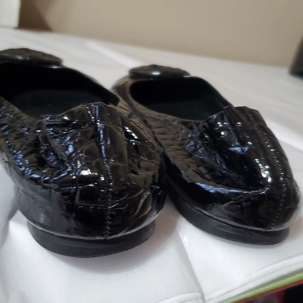 Tory Burch leather crocodile embossed ballet flats black